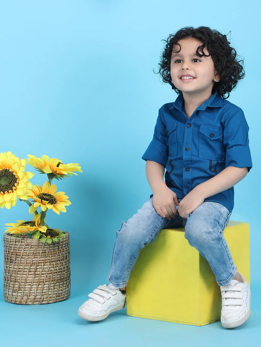 Polka Tots Blue Shirt-Stud-Cotton-For Infants