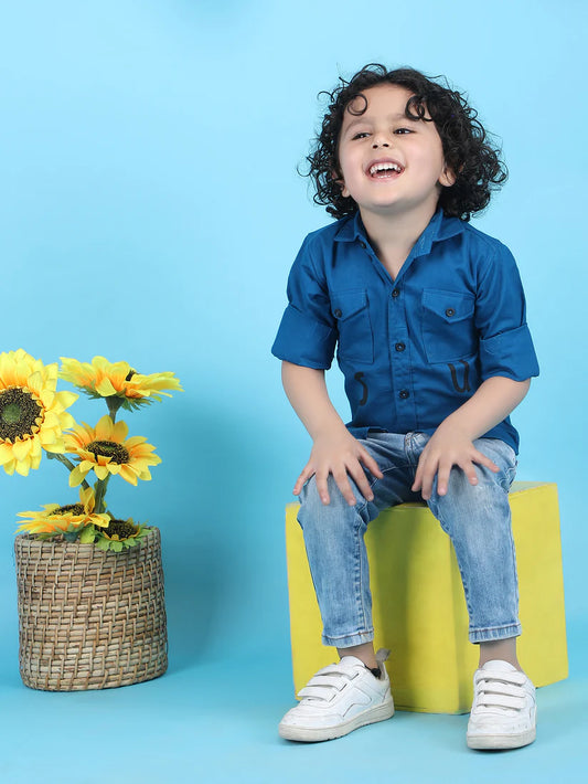 Polka Tots Blue Shirt-Stud-Cotton-For Infants