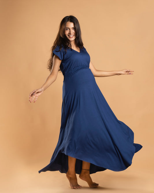 Block Hop Blue Maternity Empire Fit & Flared Dress-Solid Color-Organic Bamboo Cotton-V Neck-Bump Friendly