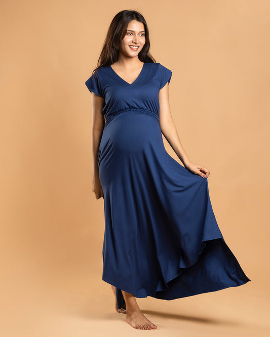 Block Hop Blue Maternity Empire Fit & Flared Dress-Solid Color-Organic Bamboo Cotton-V Neck-Bump Friendly