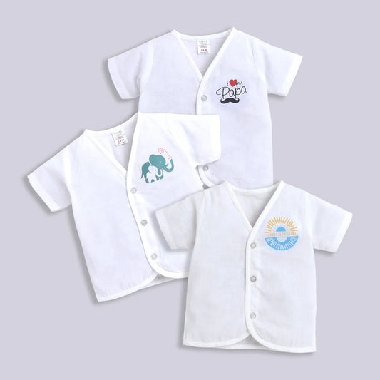 Polka Tots White Jhabla-I love my papa, Little sunshine and Elephant-Cotton-Pack of 3-For Infants