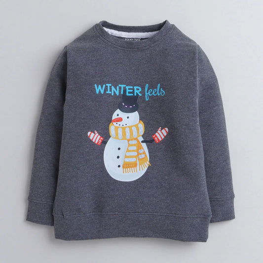 Polka Tots Dark Grey Winter Wear Sweatshirt-Winter Feels Snowman-Cotton-For Infants