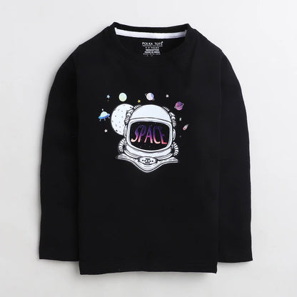 Polka Tots Black T-shirt-Astronaut-Cotton-For Infants