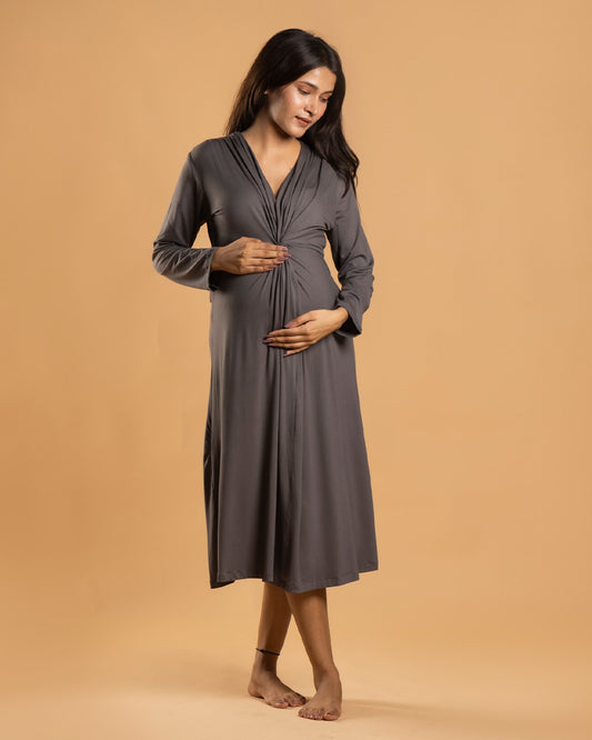 Block Hop Charcoal Grey Maternity Knot Dress-Solid Color-Organic Bamboo Cotton-V Neck-Long Sleeves-Bump Friendly