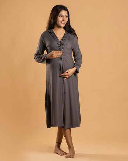 Block Hop Charcoal Grey Maternity Knot Dress-Solid Color-Organic Bamboo Cotton-V Neck-Long Sleeves-Bump Friendly