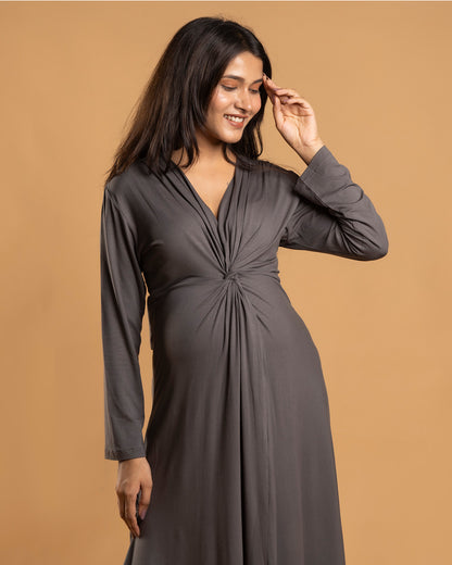 Block Hop Charcoal Grey Maternity Knot Dress-Solid Color-Organic Bamboo Cotton-V Neck-Long Sleeves-Bump Friendly