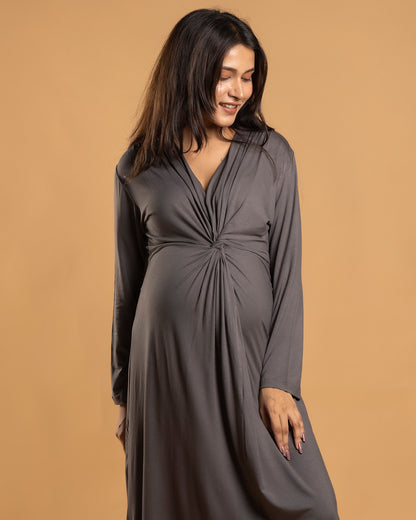 Block Hop Charcoal Grey Maternity Knot Dress-Solid Color-Organic Bamboo Cotton-V Neck-Long Sleeves-Bump Friendly