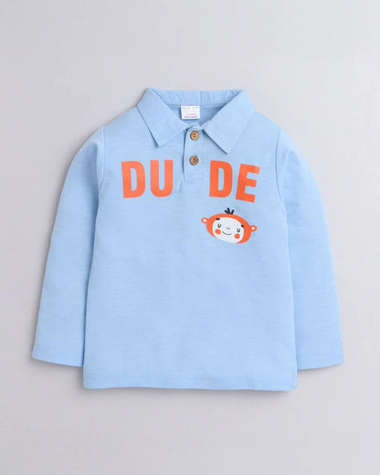 Polka Tots Light Blue T-shirt-Dude-Cotton-For Infants