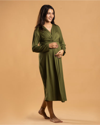 Block Hop Olive Maternity Knot Dress-Solid Color-Organic Bamboo Cotton-V Neck-Long Sleeves-Bump Friendly