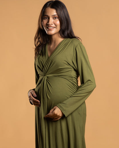 Block Hop Olive Maternity Knot Dress-Solid Color-Organic Bamboo Cotton-V Neck-Long Sleeves-Bump Friendly