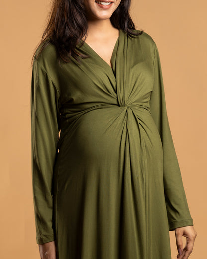 Block Hop Olive Maternity Knot Dress-Solid Color-Organic Bamboo Cotton-V Neck-Long Sleeves-Bump Friendly