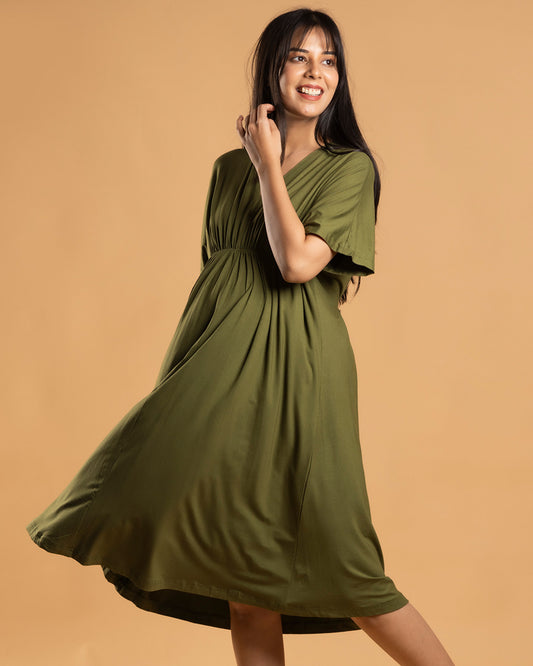 Block Hop Olive Maternity Kaftan Dress-Solid Color-Organic Bamboo Cotton-V Neck-Half Sleeves-Bump Friendly