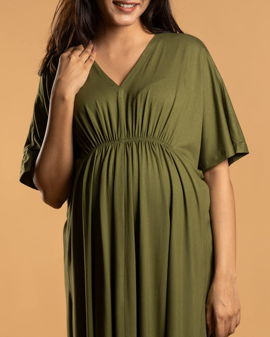 Block Hop Olive Maternity Kaftan Dress-Solid Color-Organic Bamboo Cotton-V Neck-Half Sleeves-Bump Friendly