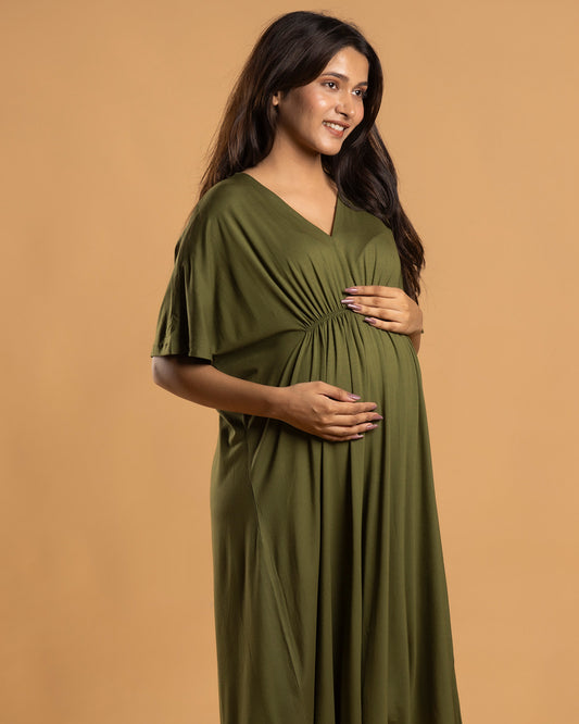 Block Hop Olive Maternity Kaftan Dress-Solid Color-Organic Bamboo Cotton-V Neck-Half Sleeves-Bump Friendly