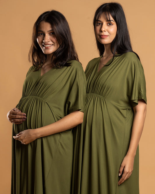 Block Hop Olive Maternity Kaftan Dress-Solid Color-Organic Bamboo Cotton-V Neck-Half Sleeves-Bump Friendly