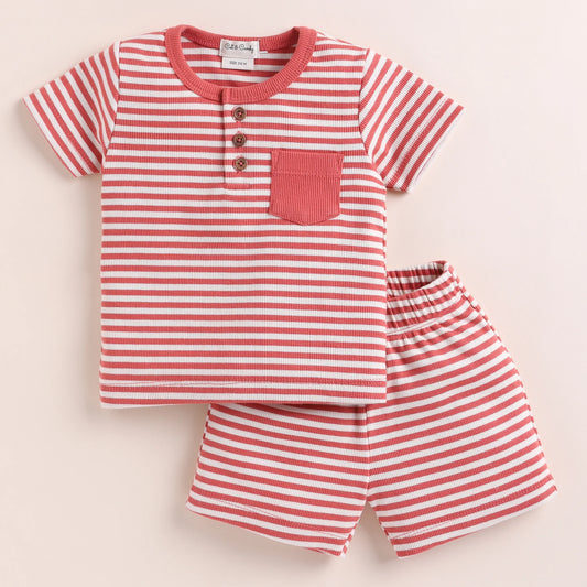 Cot & Candy Baby Peach Pink Coord Set-Berry Stripe-Organic Cotton-For Infants