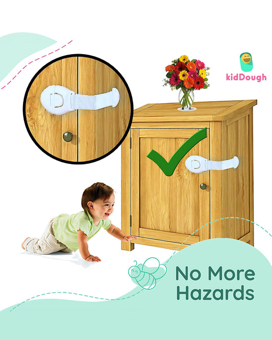 KidDough Safety Lock-Furniture Latch-Protects Child from Unexpected Opening of Cabinets & Other Drawers-White and Grey