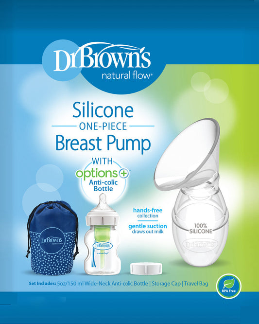 Dr. Brown's Silicone One-Piece Breast Pump-Gentle Suction-Includes Anti-Colic Options+ Bottle, Storage Cap & Travel Bag-Soft Silicone & Easy-Pour Design-BPA Free-Milk Expression Pump