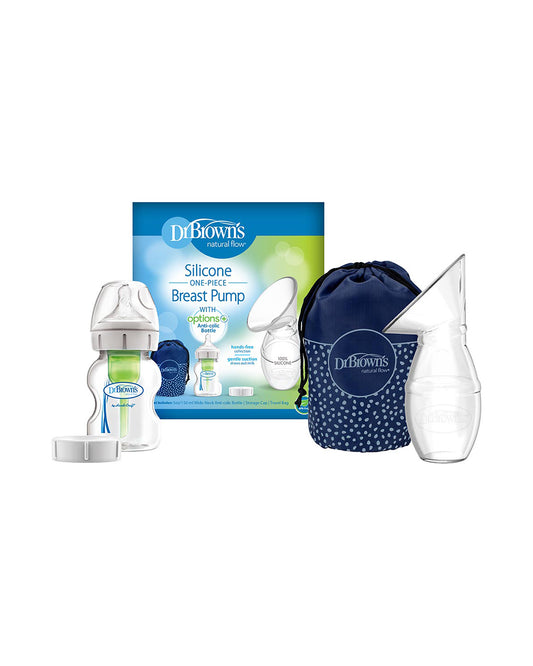 Dr. Brown's Silicone One-Piece Breast Pump-Gentle Suction-Includes Anti-Colic Options+ Bottle, Storage Cap & Travel Bag-Soft Silicone & Easy-Pour Design-BPA Free-Milk Expression Pump