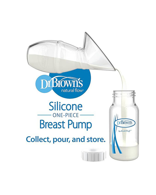 Dr. Brown's Silicone One-Piece Breast Pump-Gentle Suction-Includes Anti-Colic Options+ Bottle, Storage Cap & Travel Bag-Soft Silicone & Easy-Pour Design-BPA Free-Milk Expression Pump