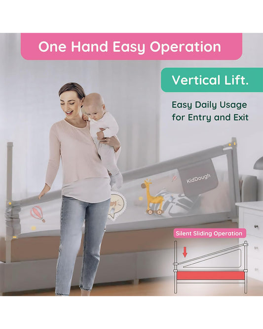 KidDough Bed Rail Guard-With Button For Easy Entry & Exit-Tool-Free Installation-Durable Construction-With 28 Level Height Adjustment-5ft Height-Grey-for Babies
