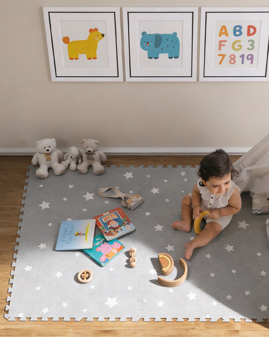 Kind & Me Starry Grey Playmat-Includes 6 Waterproof Foam Tiles-0M+