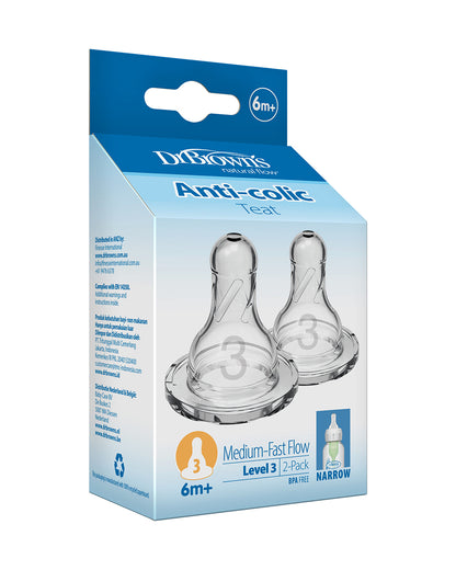 Dr. Brown's Natural Flow Narrow Nipple-Level 3-Anti Colic Vent System-Pack of 2-Feeding Bottle Teat