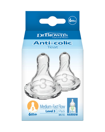 Dr. Brown's Natural Flow Narrow Nipple-Level 3-Anti Colic Vent System-Pack of 2-Feeding Bottle Teat