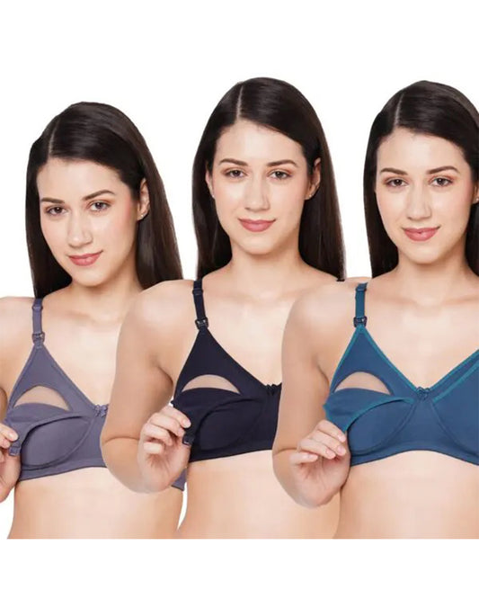 MomToBe Cotton Feeding Bra-Grey, Navy Blue & Blue-Non Padded-Front Clasps-Full Coverage