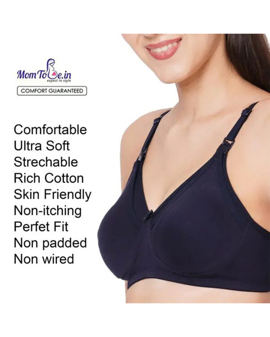 MomToBe Cotton Feeding Bra-Grey, Navy Blue & Blue-Non Padded-Front Clasps-Full Coverage