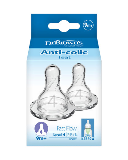 Dr. Brown's Natural Flow Narrow Nipple-Level 4-Anti Colic Vent System-Pack of 2-Feeding Bottle Teat