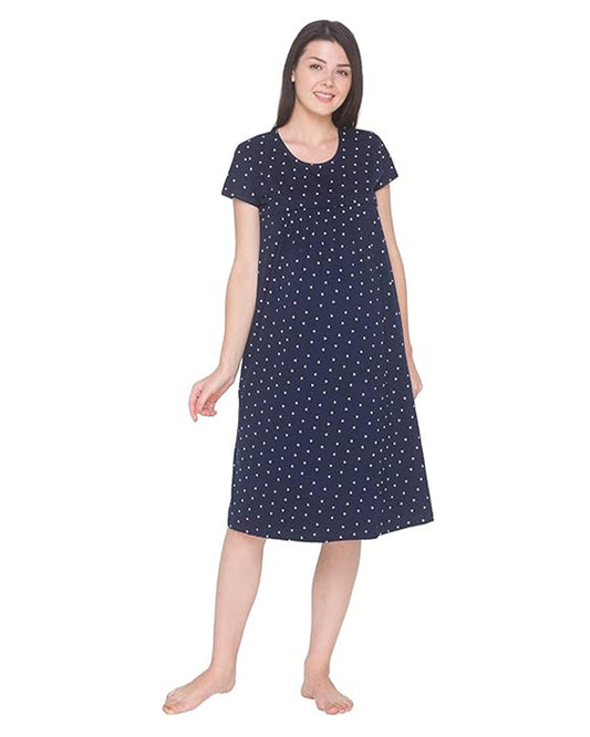 AV2 Navy Blue Maternity Nursing Nighty-Round Neck-Printed-Bump Friendly