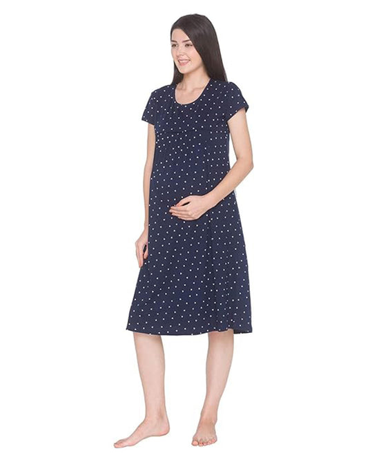 AV2 Navy Blue Maternity Nursing Nighty-Round Neck-Printed-Bump Friendly