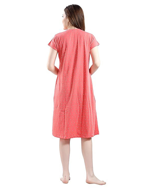 AV2 Peach Maternity Nursing Nighty-Round Neck-Printed-Bump Friendly