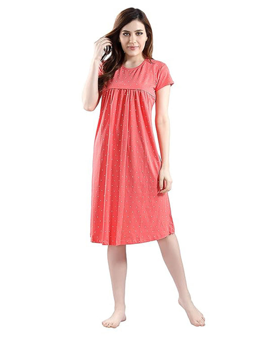 AV2 Peach Maternity Nursing Nighty-Round Neck-Printed-Bump Friendly