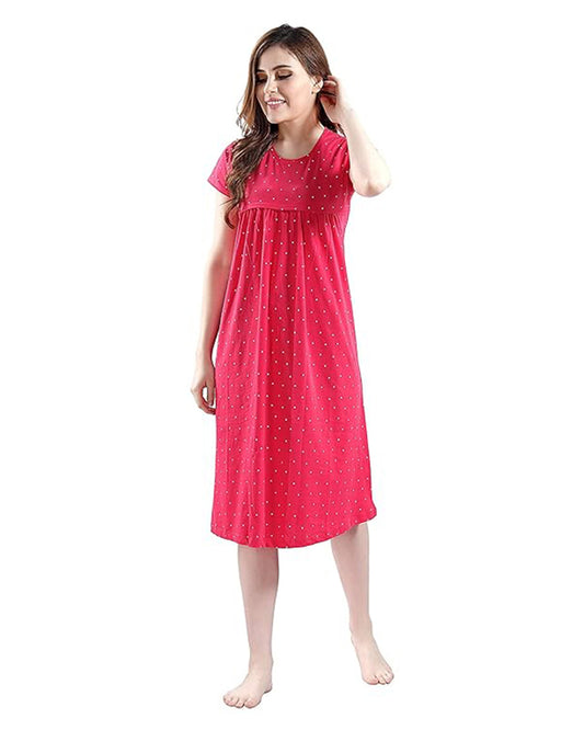 AV2 Red Maternity Nursing Nighty-Round Neck-Printed-Bump Friendly