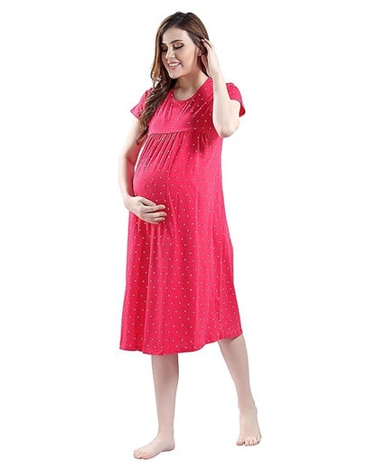 AV2 Red Maternity Nursing Nighty-Round Neck-Printed-Bump Friendly