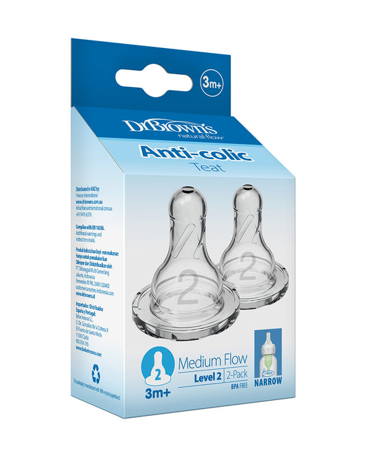 Dr. Brown's Natural Flow Narrow Nipple-Level 2-Anti Colic Vent System-Pack of 2-Feeding Bottle Teat