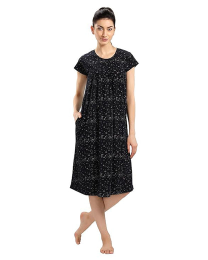 AV2 Black Maternity Nursing Nighty-Round Neck-Other Print-Bump Friendly