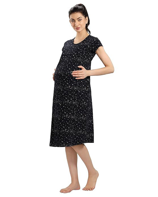 AV2 Black Maternity Nursing Nighty-Round Neck-Other Print-Bump Friendly