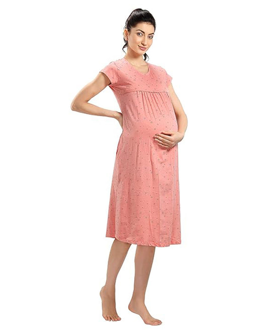 AV2 Peach Maternity Nursing Nighty-Round Neck-Starred Print-Bump Friendly