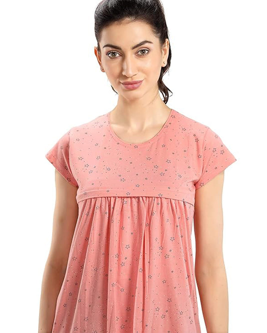 AV2 Peach Maternity Nursing Nighty-Round Neck-Starred Print-Bump Friendly