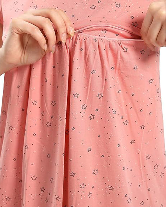 AV2 Peach Maternity Nursing Nighty-Round Neck-Starred Print-Bump Friendly