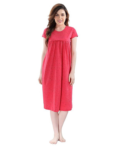 AV2 Red Maternity Nursing Nighty-Round Neck-Starred Print-Bump Friendly