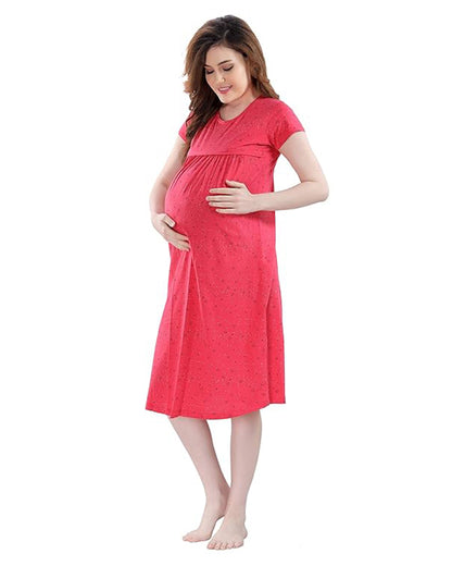 AV2 Red Maternity Nursing Nighty-Round Neck-Starred Print-Bump Friendly