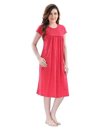 AV2 Red Maternity Nursing Nighty-Round Neck-Starred Print-Bump Friendly