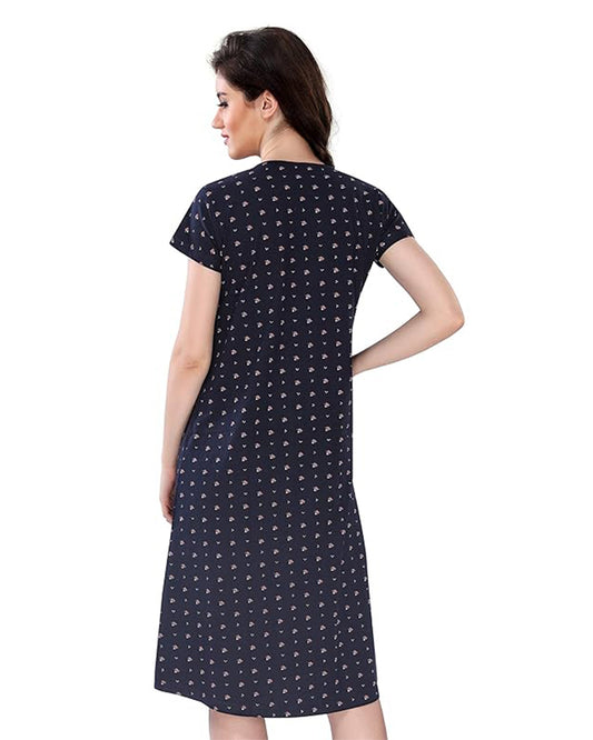 AV2 Navy Blue Maternity Nursing Nighty-Round Neck-Floral Print-Bump Friendly