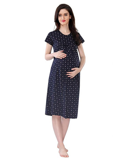 AV2 Navy Blue Maternity Nursing Nighty-Round Neck-Floral Print-Bump Friendly