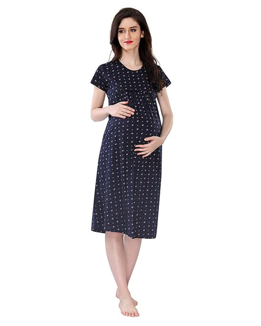 AV2 Navy Blue Maternity Nursing Nighty-Round Neck-Floral Print-Bump Friendly