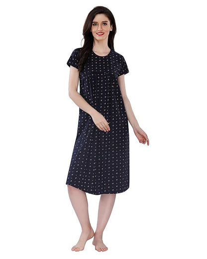 AV2 Navy Blue Maternity Nursing Nighty-Round Neck-Floral Print-Bump Friendly